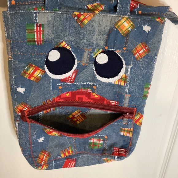 Handmade Small Denim Tote Shoulder Bag With Funny Face Cute Core Hippie Y2K - Picture 3 of 6